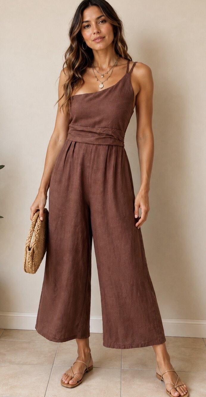 Anrabess One Shoulder Linen-blend Wide legged Jumpsuit Size M
